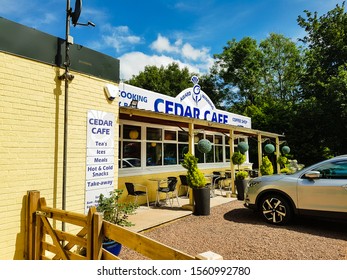 Grantshouse, Duns / Scotland UK 07 24 2019: Cedar Cafe, A Truck Stop Diner That Is Also A Dog Friendly Place, Off The Road On The A1 Between Edinburgh And Berwick