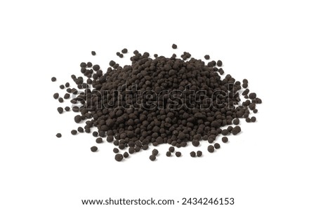 Granular Aquarium Soil Isolated, Natural Fish Tank Substrate, Black Organic Topsoil, Earth with Fertilizers, Soft Porous Granular Soil Suitable for Indoor Plants on White Background [[stock_photo]] © 