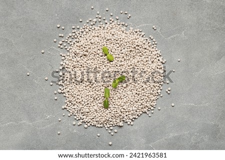 Granular fertilizer with seedlings on grey grunge background [[stock_photo]] © 