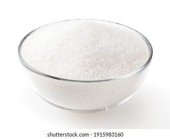 Granulated sugar in glass bowl isolated on white background with clipping path