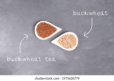 Granules of caffeine-free buckwheat tea and raw buckwheat groats in white plates against the background of a chalk board with inscriptions - Shutterstock ID 1975620779