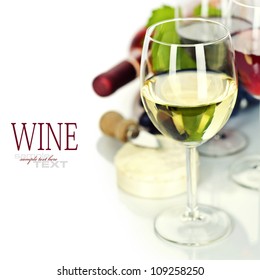 Grape And Cheese With A Bottles And Glasses Of Red, Rose And White Wine  (easy Removable Sample Text)