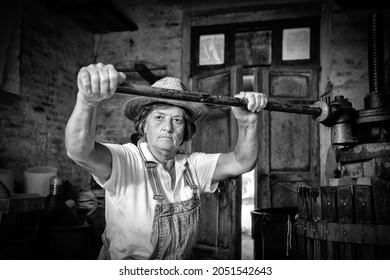 Récolte de raisins: Vieille femme vigneronne travaillant sur un pressoir traditionnel pour le pressage du moût. Image en noir et blanc