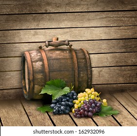 grape and souvenir barrel on wooden surface. - Powered by Shutterstock