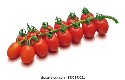 Grape tomatoes isolated on white background. Fresh red vegetable hanging on branch.  - Powered by Shutterstock