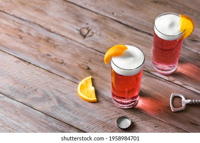 Grapefruit Or Cherry Radler, Citrus Beer Cocktail. Refreshing Fruit Beer Drink, Copy Space.