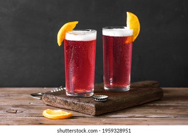 Grapefruit Or Cherry Radler, Citrus Beer Cocktail. Refreshing Fruit Beer Drink, Copy Space.