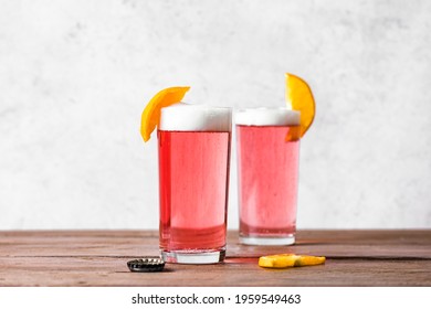 Grapefruit Or Cherry Radler, Citrus Beer Cocktail. Refreshing Fruit Beer Drink, Copy Space.