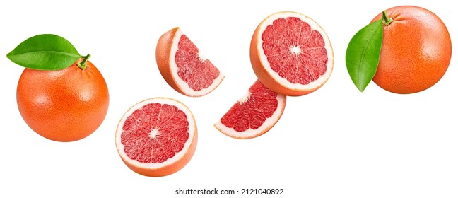 Grapefruit flying isolated on white background. Levitation Grapefruit with leaf. Full depth of field with clipping path