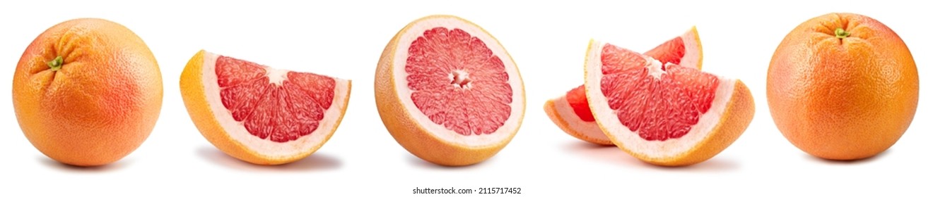 Grapefruit and grapefruit half isolated on white background. Clipping path grapefruit. Grapefruit collection macro studio photo