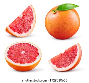 Грейпфрут изолированный. Розовый грейпфрут с листиком. Грейпфрут целый, ломтик, половина на белом. Изолят грейпфрута. С обтравочным контуром. Полная глубина резкости.