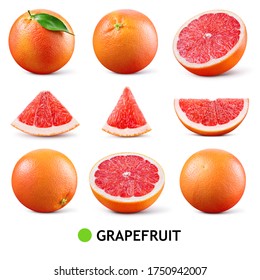 Grapefruit isolated. Pink grapefruit with leaf. Grapefruit whole, slice, half on white. Grapefruit set isolate. Full depth of field.