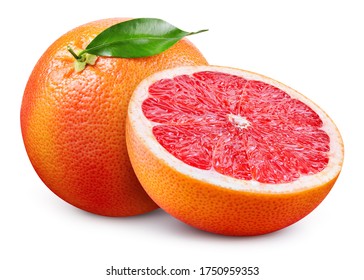 Grapefruit isolated. Pink grapefruit with leaf. Whole grapefruit with slice on white. Grapefruit slices with zest isolate. With clipping path. Full depth of field.