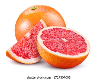 Grapefruit isolated. Pink grapefruit whole, half, slice on white. Grapefruit slices with zest isolate. With clipping path. Full depth of field.