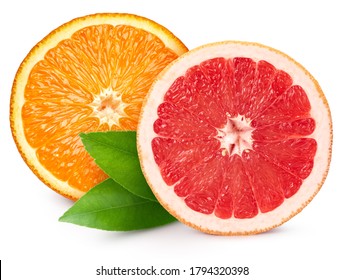 Grapefruit and orange half isolated on white background. Grapefruit half macro studio photo. Orange with clipping path