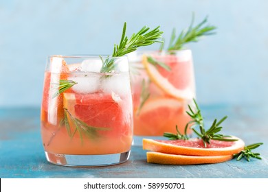 Grapefruit And Rosemary Gin Cocktail, Refreshing Drink With Ice