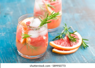 Grapefruit And Rosemary Gin Cocktail, Refreshing Drink With Ice