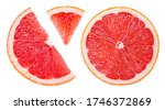 Grapefruit slice isolated. Pink grapefruit slice on white. Grapefruit pink. Flat lay. Top view. With clipping path. 