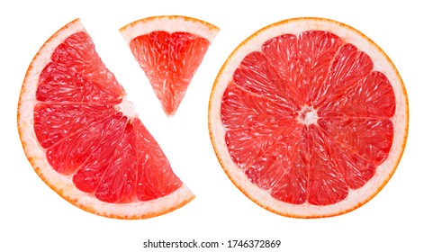 Grapefruit slice isolated. Pink grapefruit slice on white. Grapefruit pink. Flat lay. Top view. With clipping path. 