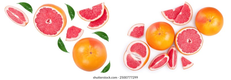 Grapefruit and slices with leaves isolated on white background with copy space for your text. Top view. Flat lay pattern