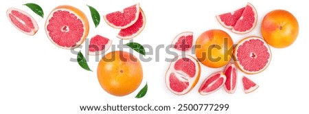 Grapefruit and slices with leaves isolated on white background with copy space for your text. Top view. Flat lay pattern