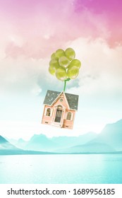 
grapes balloons and a house flying over the sea. Photo manipulation. Surreal artwork