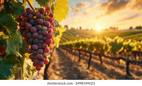 Grapes on a vine at sunset.
