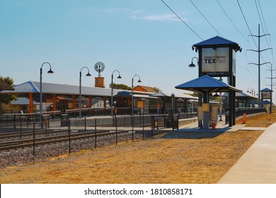 GRAPEVINE, TEXAS, USA - JULY 24, 2019: Grapevine railway station. Cotton Belt Route and Trinity Metro TEXRail station, connecting Fort Worth, North Richland Hills, Grapevine and Dallas Intl Airport.