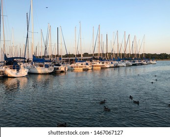 Grapevine, TX USA: July 31, 2019 - Summer evening at the sailboat marina on Lake Grapevine near Dallas Fort Worth Texas
