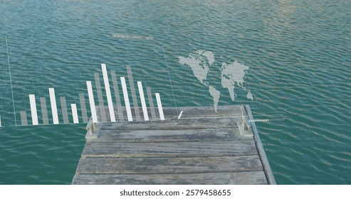 Graph and bar chart image over wooden dock extending into water. Data, analytics, infographic, visualization, business, technology