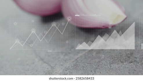 Graph and bar chart image over close-up of sliced red onions. Data visualization, bar graph, statistics, infographic, analysis, purple