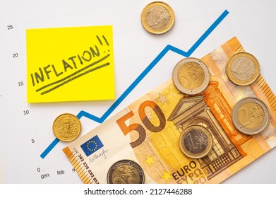 Graph with blue ascending line, dollar bill and coins, and next to it a yellow sheet with the text "inflation". Rising prices, rising inflation, economic situation.
