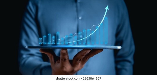 graph, business, chart, growth, success, analysis, investment, diagram, finance, marketing. hold tablet and above there has bar chart finance of investment, that's diagram inversely proportional.
