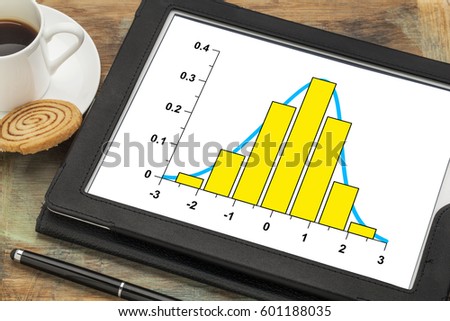 graph of data histogram  and curve with Gaussian distribution on a digital tablet with a cup of coffee