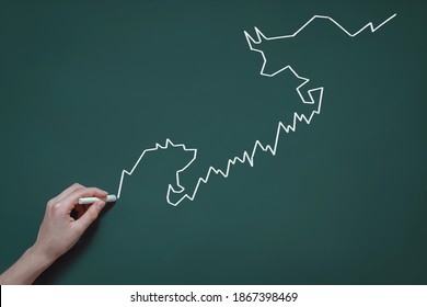 graph, diagram, chart of stock quotes drawn in chalk on a blackboard, the concept of trading, speculation, bulls and bears in the stock market, hand with chalk - Shutterstock ID 1867398469