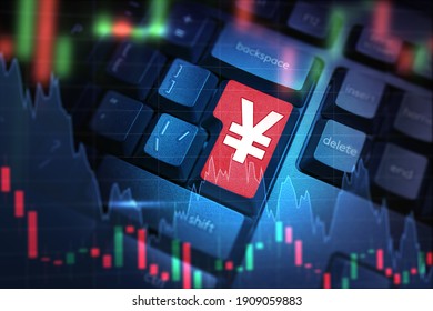 Graph Of Fall Japanese Yen. Yen Symbol On Keyboard. Decline In Japanese National Currency. Buying Yen On Electronic Stock Exchange. Japanese Government Bonds Concept. Trading On Japan Stock Exchange