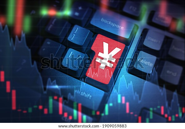 Graph of fall Japanese yen. Yen symbol on\
keyboard. Decline in Japanese national currency. Buying yen on\
electronic stock exchange. Japanese government bonds concept.\
Trading on Japan stock\
exchange