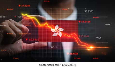 Graph Falling Down in Front Of Hong Kong Flag. Crisis Concept