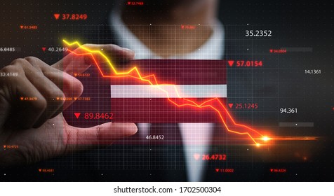 Graph Falling Down in Front Of Latvia Flag. Crisis Concept