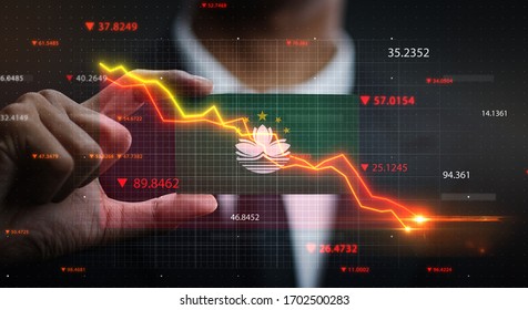Graph Falling Down in Front Of Macau Flag. Crisis Concept