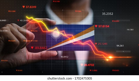 Graph Falling Down in Front Of Marshall Islands Flag. Crisis Concept