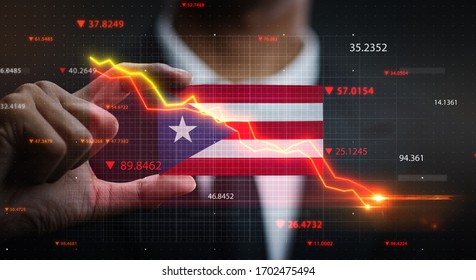 Graph Falling Down in Front Of Puerto Rico Flag. Crisis Concept