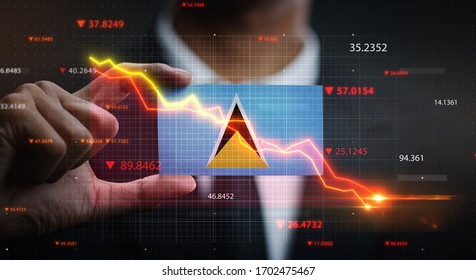 Graph Falling Down in Front Of Saint Lucia Flag. Crisis Concept