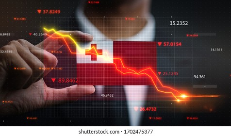 Graph Falling Down in Front Of Tonga Flag. Crisis Concept