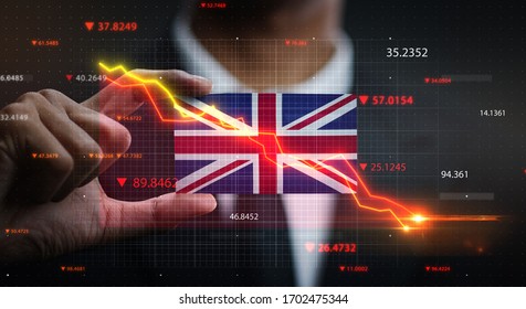 Graph Falling Down In Front Of United Kingdom Flag. Crisis Concept