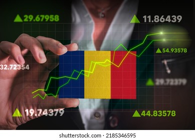 Graph growing up in Front Of Romania Flag. business state growing up concept. 