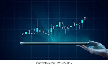 Graph growth and increase of chart positive indicators in business - tablet in the hand - 3D-Illustration