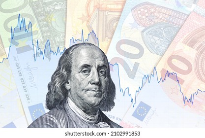Graph rate chart banknotes of American dollar and Euro currency. Euro, dollar currency rate. Business concept
