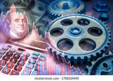 Graph is reduced to the background of industrial elements. Concept - Reduction of industrial production. Heavy industry. Production performance. Concept - falling income of manufacturing companies