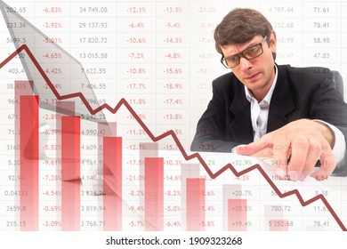 Graph Shows Stock Market Crash. Trader Next To Collapsed Quotes. Concept - Conflict Between Large And Small Investors Led To Correction Of Stock Market Indices. Collapse Of Bond Market